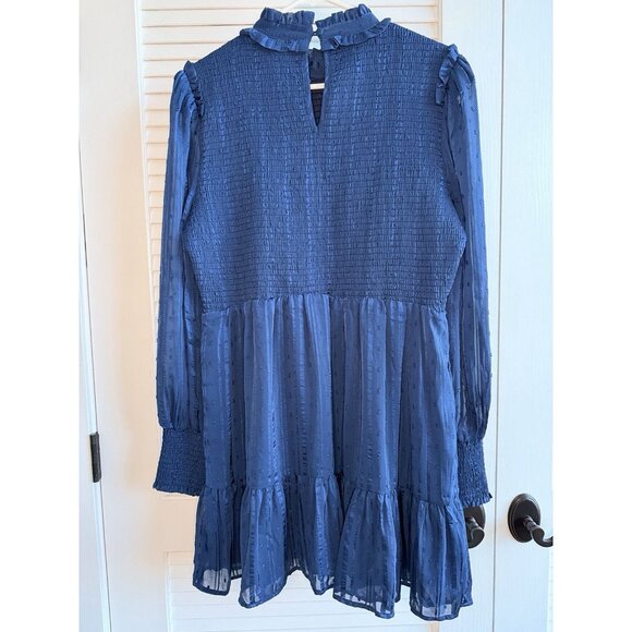 Lulus Blue Smocked Ruffle Long Sleeve Mini Dress XL Swiss Dot Sheer Sleeves - Picture 3 of 12